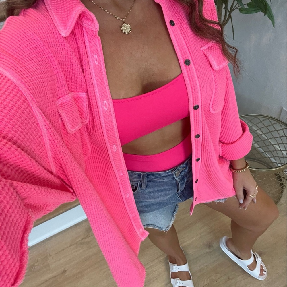 Aerie Hot Pink Oversized Button-Up Waffle Sweater Shirt